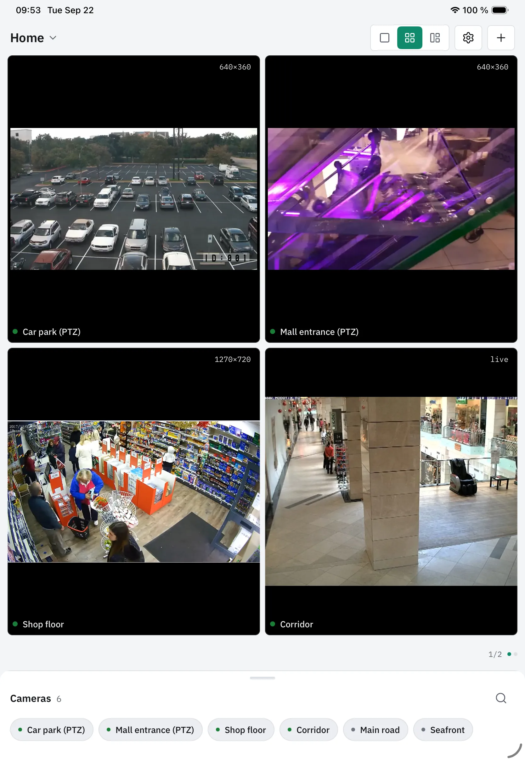 The 2×2 wall on an iPad in portrait, light theme, with the camera list below.