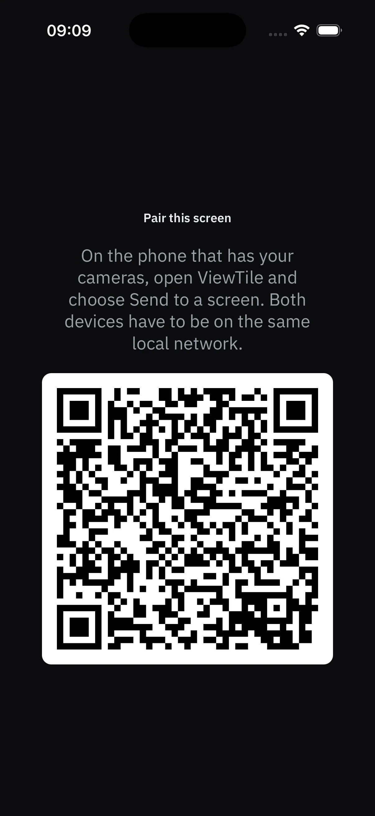 The pairing screen showing a QR code for a phone to read.