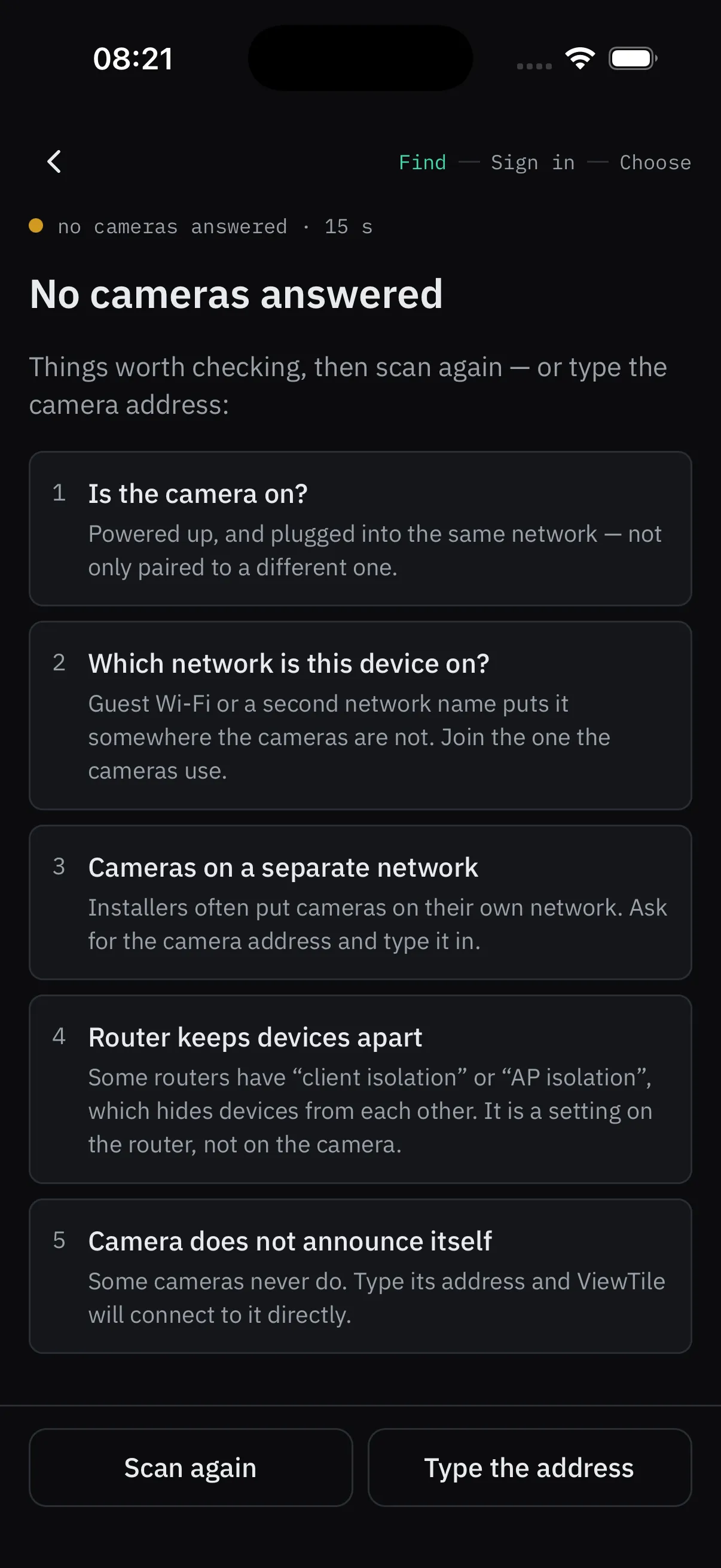 The scan screen when nothing answered, listing five things worth checking in order of likelihood.